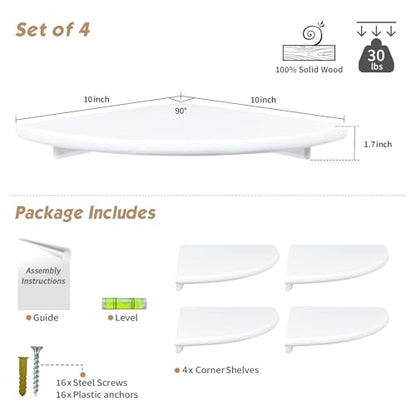 Forbena White Corner Floating Shelves for Wall Set of 4, Rounded Corner Shelves Wall Mounted for Kids Bedroom Books, Cute Wood Hanging Corner Shelf for Bathroom Decor, Living Room, Small Spaces