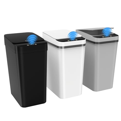 Kssvzz 3 Pack Automatic Small Bathroom Trash Can with Lid (2.5 Gallon) | Touchless Garbage Can, Motion Sensor Smart Trash Bin, Slim Trashcan, Waterproof Plastic Wastebasket for Bedroom Office