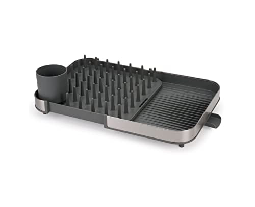 Joseph Joseph Duo Expanding Dish Drying Rack with Removable Silverware Holder, Draining Spout, Stainless Steel