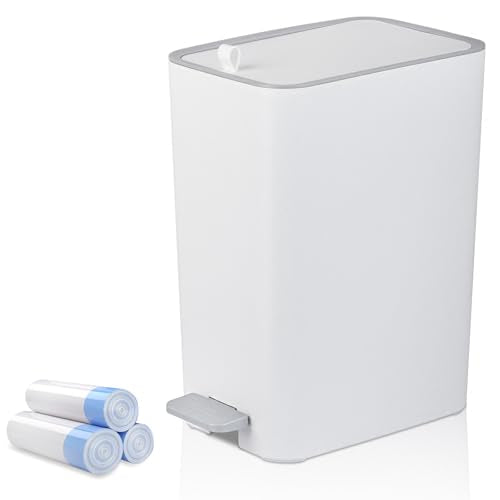 Small Bathroom Trash Can with Lid, 2.1 Gallon Slim Step Trash Can, White | Mini Garbage Can with Handle for Bedroom, Office, Dorm, Narrow Plastic Wastebasket with Soft Close Pedal for Small Spaces