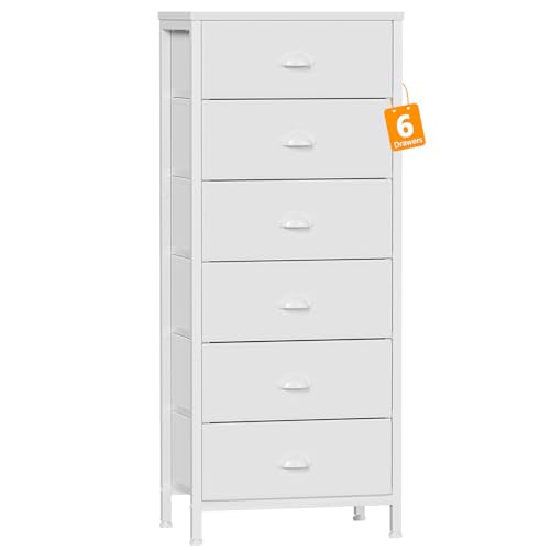 White Dresser for Bedroom, 6 Fabric Drawers Chest of Drawers | Tall Skinny Dresser for Closet, Vertical Storage Tower Unit, Tall Nightstand for Dorm, Living Room, Metal Frame, Wooden Top
