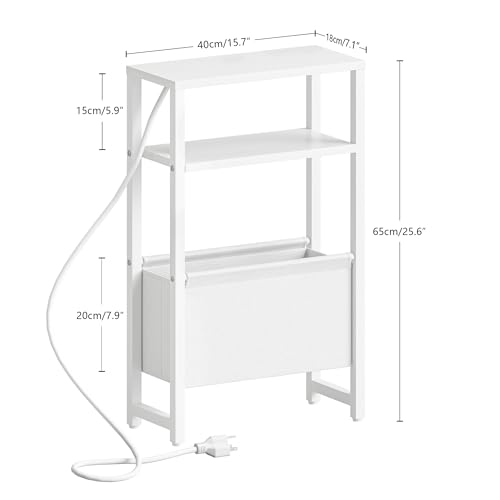 Narrow Side Table with Charging Station Slim End Table Sofa with Magazine Rack, Bedside Table for Small Spaces, 3 Tier Nightstand for Living Room Couch, Bedroom White LET503WE