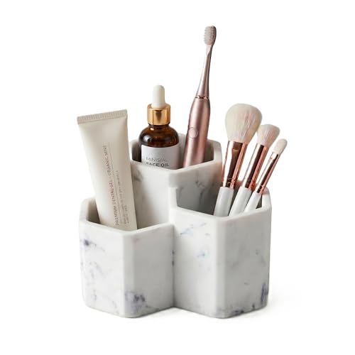 Resin Toothbrush Holder, 3-Slot Bathroom Countertop Organizer | 3-slot resin holder organizes toothbrushes, toothpaste, razors, and makeup brushes for bathroom vanity, countertop, or shower