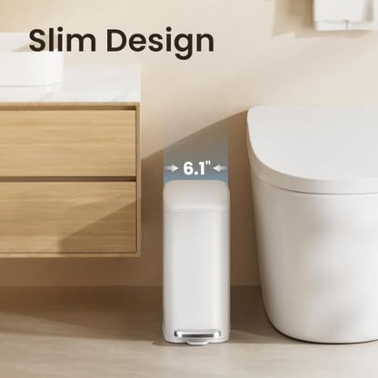 Cesun Slim Bathroom Trash Can with Lid, Soft Close, White, 6L/1.6 Gallon | Hidden Trash Bag Design, Small, Stainless Steel, Removable Inner Bucket, Foot Pedal, Odor Control, for RV/Office/Bedroom