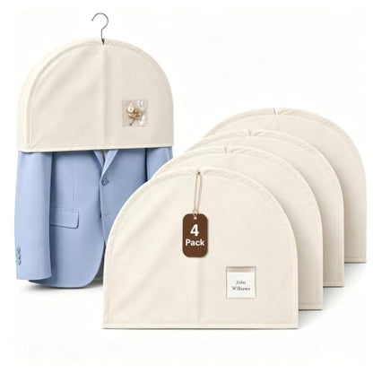 Orynthic 4 Pack Cotton Linen Shoulder Covers, Breathable Garment Cover with Clear Pocket for Hanging Clothes, Suits, Jackets