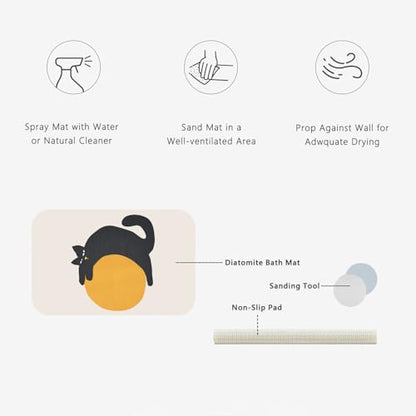 Creative Cat & Moon Patterns Diatomite Stone Bath Mat Shower Mat Quick-Dry, Non-Slip, Easy to Clean for Bathroom Floor