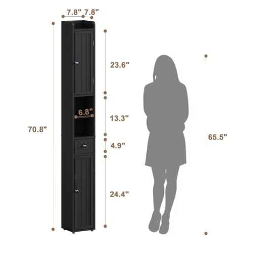 ChooChoo Narrow Bathroom Storage Cabinet with Adjustable Shelves and Drawer | Tall Slim Storage Cabinet, Freestanding Cupboard for Small Spaces, Black