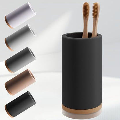 Bamboo Toothbrush Holder Diatomite Tooth Brush Organizer - Storage Stand for Small Bathroom & Counter - Removable Base & Drain Holes, Water-Absorbent & Quick-Drying (Black)