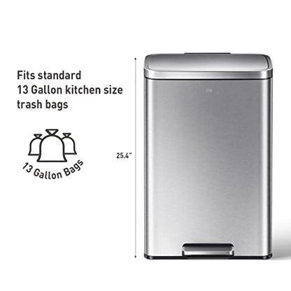 EKO Madison Brushed Stainless Steel 13.2 Gal/50L Kitchen Step Trash Can or Recycling Bin, Removable Inner Liner, Soft Close Lid, Fingerprint Resistant Finish
