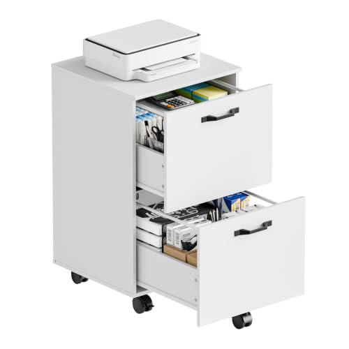 DUMOS 2 Drawer Filing Cabinet, Rolling Under Desk Storage, White | Not for Hanging Files, Printer Stand, Lockable Wheels, Mobile Wood Home Office Organizer