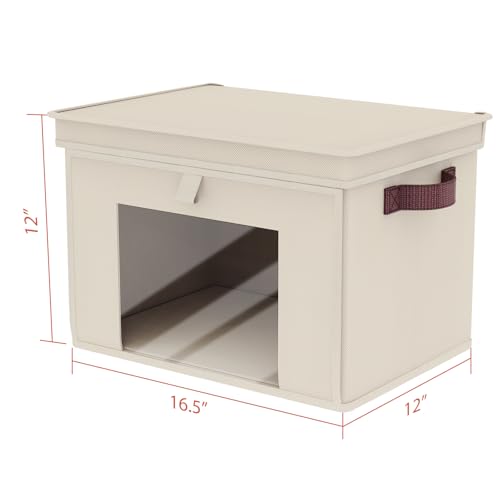 Univivi Front Opening Storage Bins with Lids for Closet, Beige, 4 Pack | Foldable Fabric Storage Cubes, Large Closet Organizers and Storage with Clear Window & Handles for Clothes Storage