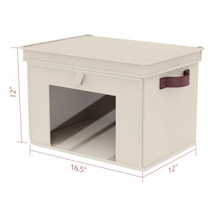 Univivi Front Opening Storage Bins with Lids for Closet, Beige, 4 Pack | Foldable Fabric Storage Cubes, Large Closet Organizers and Storage with Clear Window & Handles for Clothes Storage
