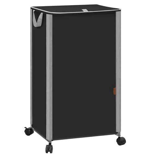 STORAGE MANIAC Rolling Laundry Hamper with Lid, 23.7 Gal (90 L) Large Tall Laundry Basket with Wheels & Handles, Aesthetic Dirty Clothes Hamper for Small Space, Dorm, Apartment, College, Black