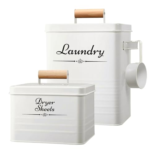 Farmhouse Metal Laundry Pods Container with Dryer Sheet Holder for Organization and Storage, Laundry Room Decor - Holds 156 Pods and 300 Sheets (White)