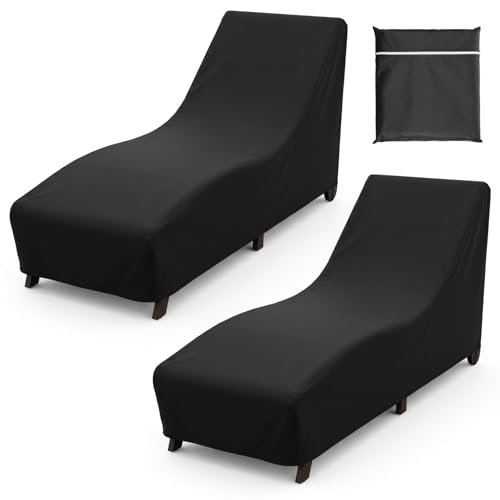 2 PCS Patio Chaise Lounge Cover Waterproof, Patio Lounge Chair Protector with Windproof Straps, Black Durable Patios Furniture Covers for Outside Stackable Cushions and Outdoor Furniture (83×30×32in)