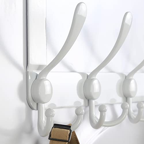 Over The Door Hook Hanger - Fits 1 3/8" to 1 3/4" Standard Doors | 5 Tri Hooks Heavy Duty Towel/Coat Rack | Door Organizer for Clothes, Jackets, Hats, Towels, White