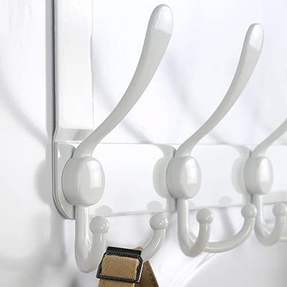 Over The Door Hook Hanger - Fits 1 3/8" to 1 3/4" Standard Doors | 5 Tri Hooks Heavy Duty Towel/Coat Rack | Door Organizer for Clothes, Jackets, Hats, Towels, White