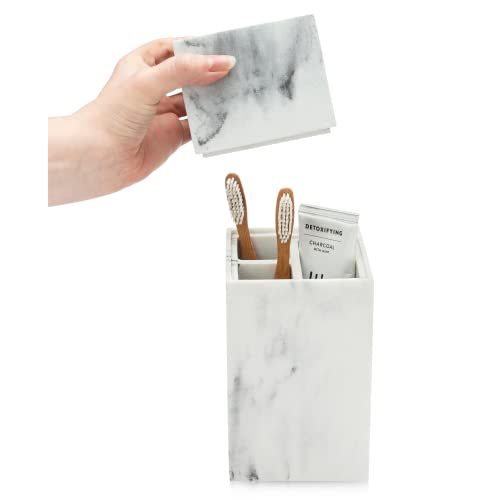 Toothbrush Holder with Lid, Elegant White Marble Bathroom Toothbrush & Toothpaste Organizer – Blanc Collection