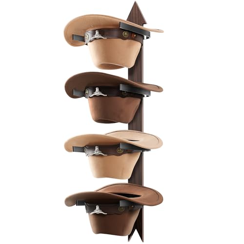 Cinati Cowboy Hat Rack Wall Mount - Rustic Wooden Western Metal Cowboy Hat Holder & Hanger Organizer with Arrow Sign Board for Bedroom, Hallway & Doorway - Holds 4 Hats, Fedora, Sun Hats, Gift for Him