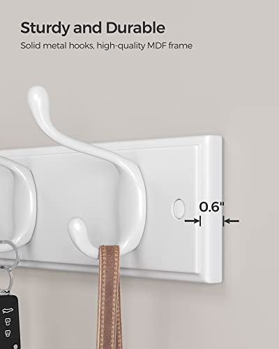 SONGMICS Wall-Mounted Coat Rack, Hook Rack, 4 Dual Metal Hooks, White | For Coats, Bags, Keys, in the Entryway, Bedroom, Living Room ULHR23WT