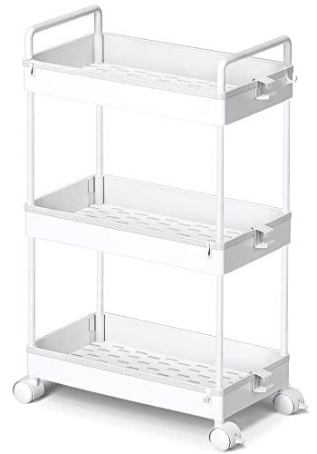 3 Tier Slim Rolling Storage Cart with Wheels Utili... (White | Plastic)