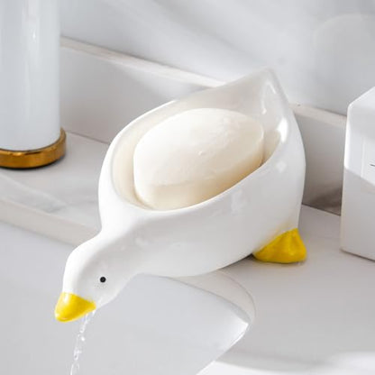 1 Pack Duck Ceramic Soap Dishes,Soap Holder with Drain,Soap Dish Container,Dish Soap Tray,Sponge Holder,Soap Tray for Shower,Bathroom,Bar,Kitchen,Counter (Duck), White