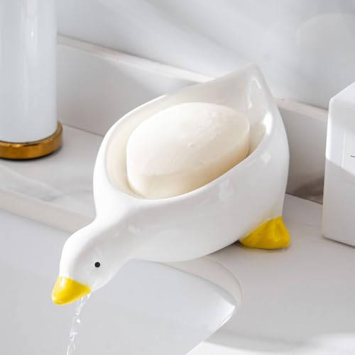 1 Pack Duck Ceramic Soap Dishes,Soap Holder with D... (White)