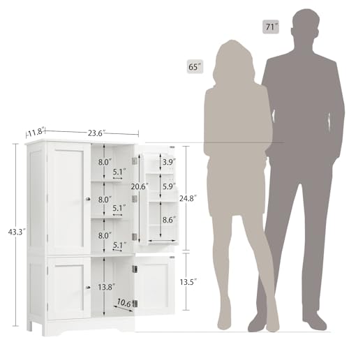 43'H Pantry Cabinet with 4 Doors, Kitchen Cabinet with 6 Door Shelves, Storage Cabinet-Kitchen Pantry for Living Room, Dining Room, Bathroom, White
