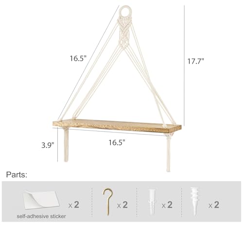 Mkono Macrame Wall Hanging Shelves Set of 2 with Artificial Ivy Lights | Boho Wall Decor, Wood Floating Storage Shelf, Display Plants Photos, Bedroom Bathroom Living Room Nursery Dorm Kitchen, White