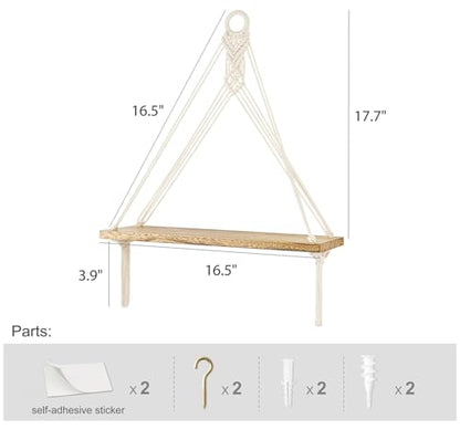 Mkono Macrame Wall Hanging Shelves Set of 2 with Artificial Ivy Lights | Boho Wall Decor, Wood Floating Storage Shelf, Display Plants Photos, Bedroom Bathroom Living Room Nursery Dorm Kitchen, White
