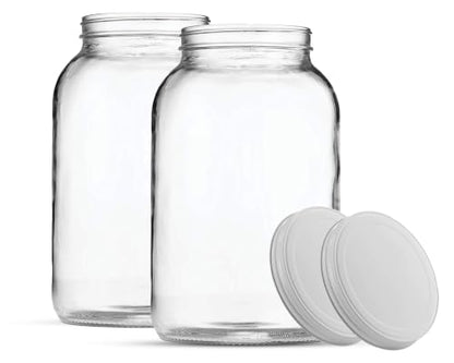 2-Pack 1 Gallon Glass Jar with Lid | Wide Mouth Set with White Metal Caps