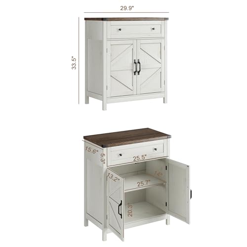 ChooChoo 30" W Coffee Bar Cabinet, Kitchen Storage Cabinet with Drawer | Small Buffet Cabinet, Farmhouse Sideboard Buffet, Adjustable Shelf, Rustic White