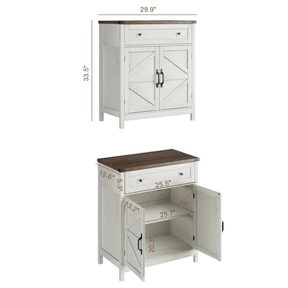 ChooChoo 30" W Coffee Bar Cabinet, Kitchen Storage Cabinet with Drawer | Small Buffet Cabinet, Farmhouse Sideboard Buffet, Adjustable Shelf, Rustic White