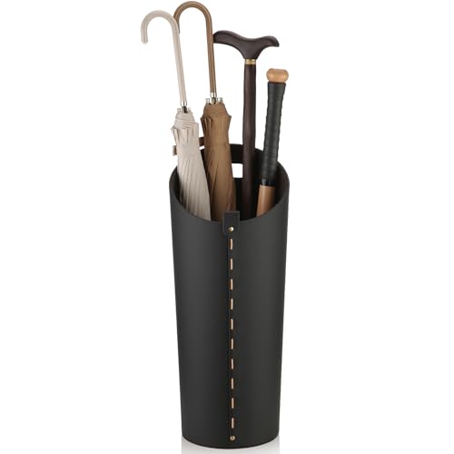 Black Umbrella Holer for Entryway with Drip Tray and 2 Steel Hooks Leahter Tall 22.44 Inches Umbrella Stand Rack Indoor Can Store 10 Golf Umbrellas or Crutches Toy Swords etc