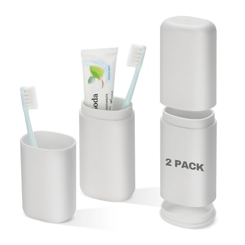 Travel Toothbrush and Toothpaste Case, 2 in 1 Gray Toothbrush Holder and Rinse Cup, Large Capacity Toothbrush Cup with Cover, Portable Toothbrush Holder for Traveling, Camping, Trip - 2PCS