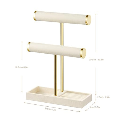 bussdis 2 Tier Bracelet Holder Display, Necklace Holder Organizer, Beige | Velvet Necklace Holder | Jewelry Tree | Jewelry Towers | Jewelry Stand Organizer for Necklaces, Bracelets, Earrings, Rings