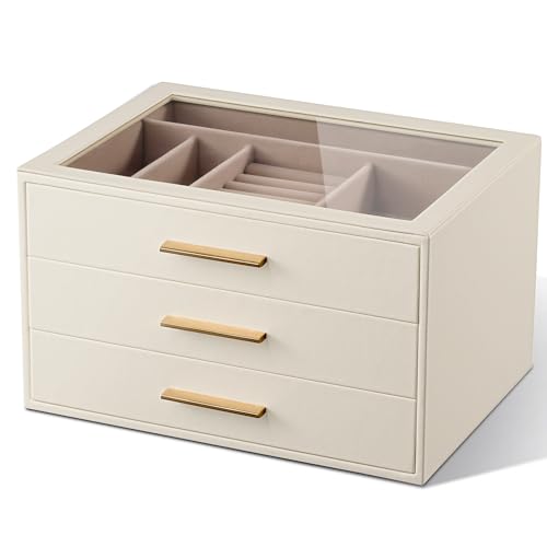 Jewelry Box Organizer Storage Case, 3-Layer with G... (White | Faux Leather)
