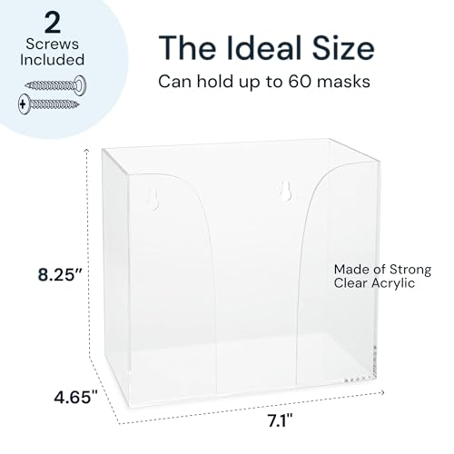 Face Mask Dispenser - Clear Acrylic, Wall Mount | Clear acrylic mask holder & organizer - wall or desk - Use for disposable earloop & medical masks