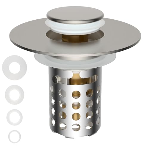 Universal Bathroom Sink Drain Strainer Hair Catcher, Brushed Nickel | Upgraded with Removable Stainless Steel Filter Basket, 3 in 1 Pop Up Sink Stopper for 1.1''~2.36'' Sink Basin Hole