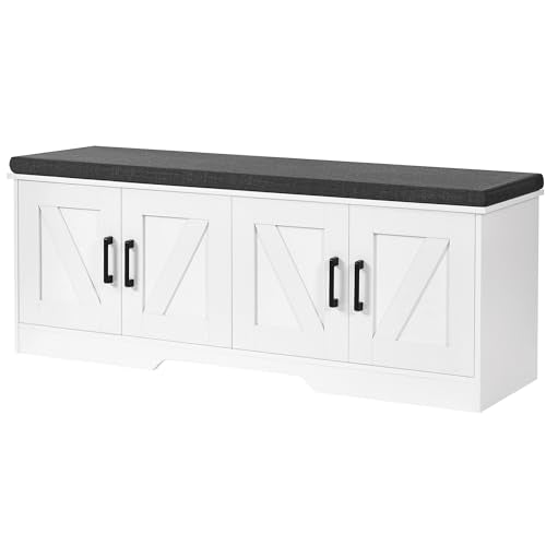 Farmhouse Shoe Storage Bench with 4 Barn Doors & P... (White | Engineered Wood)