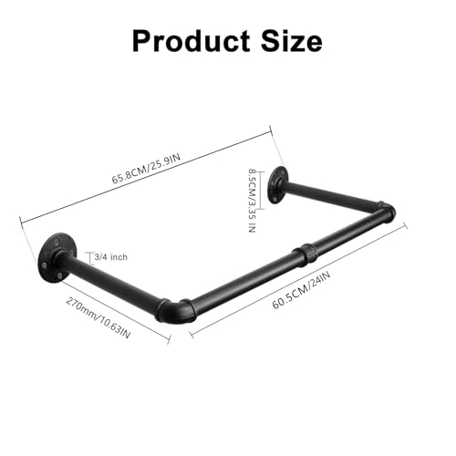 Industrial Iron Pipe Clothes Hanging Bar DIY Wall-Mounted Garment Rack Heavy Duty Clothing Rack for Bedroom, Laundry Room, Closet Storage (Black 24 inch)
