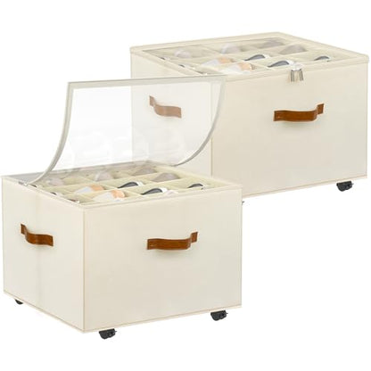 Shoe Organizer for Closet, 2 Pack Shoe Storage Organizer with Wheels and Adjustable Dividers, Stackable Shoe Storage Box with Clear Cover, Foldable Closet Shoe Organizer Fits up to 16-32 Pairs, Beige