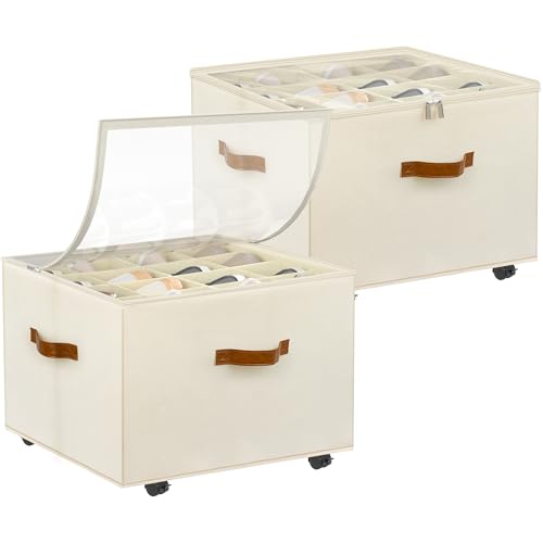 Foyego 2 Pack Shoe Organizer for Closet, Shoe Storage with Wheels, Beige | Fits 32 Pairs, with Adjustable Dividers and Clear Cover, Saving Space Foldable Fabric Closet Shoe Storage Organizer Box Bins