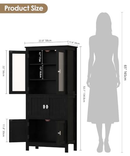 53.1" Tall Bathroom Cabinet 6 Doors Linen Floor Storage Cabinet | Bathroom Floor Cabinet with Adjustable Shelf, Pantry Cabinet for Living Room, Kitchen, Entryway, Black