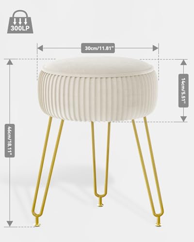 IBUYKE Makeup Vanity Stool, Velvet Round Footrest Ottoman, White LG-30M | Dressing Table Seat Pouf Couch chair Golden Steel Legs