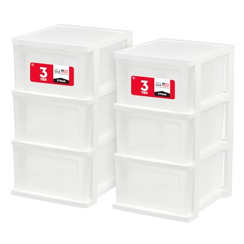 IRIS USA 3-Drawer Slim Narrow Storage Organizer, 2-Pack, White/Clear | Organize craft supplies, school essentials, beauty items, and small household accessories with compact drawer storage