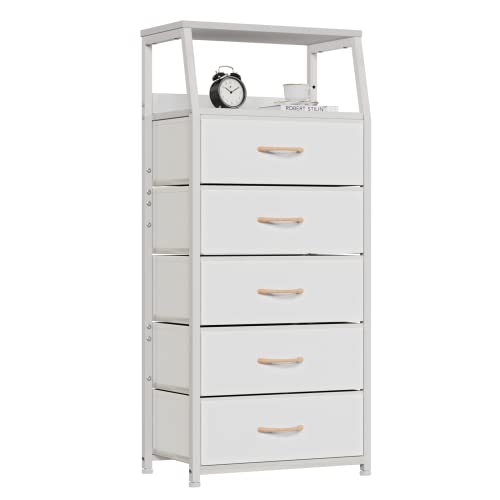 White Tall Dresser for Bedroom, 5 Fabric Bins Tall... (White | Alloy Steel)