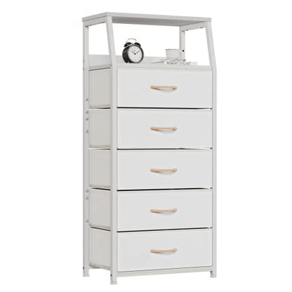 White Tall Dresser for Bedroom, 5 Fabric Bins Tall Nightstand | Dorm Dresser, Vertical Storage for Closet, Chest of Drawer for Entryway, Nightstand Bedside Table, Metal Frame,Wood Top