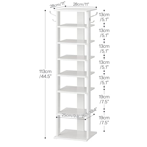 HOOBRO 8 Tiers Vertical Shoe Rack, Wooden Shoe Storage Organizer with Hooks, Narrow Shoe Tower for 8 Pairs, Space Saving, for Entryway, Living Room, Bedroom, White WT07XJ01G1