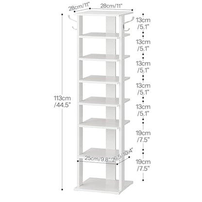 HOOBRO 8 Tiers Vertical Shoe Rack, Wooden Shoe Storage Organizer with Hooks, Narrow Shoe Tower for 8 Pairs, Space Saving, for Entryway, Living Room, Bedroom, White WT07XJ01G1